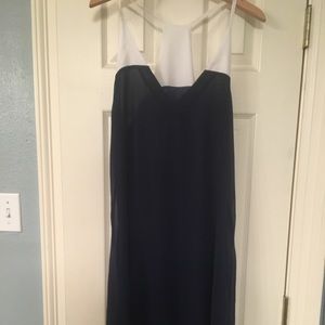 Navy and white chiffon cocktail dress